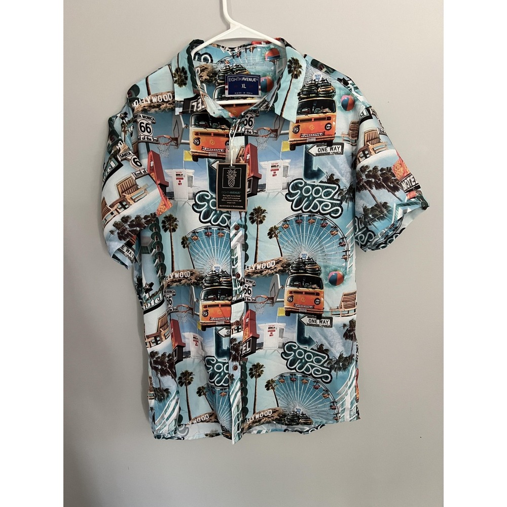 Eighth Avenue Shirt Mens XL Good Vibes California Print Short Sleeve Button Up - Picture 6 of 12